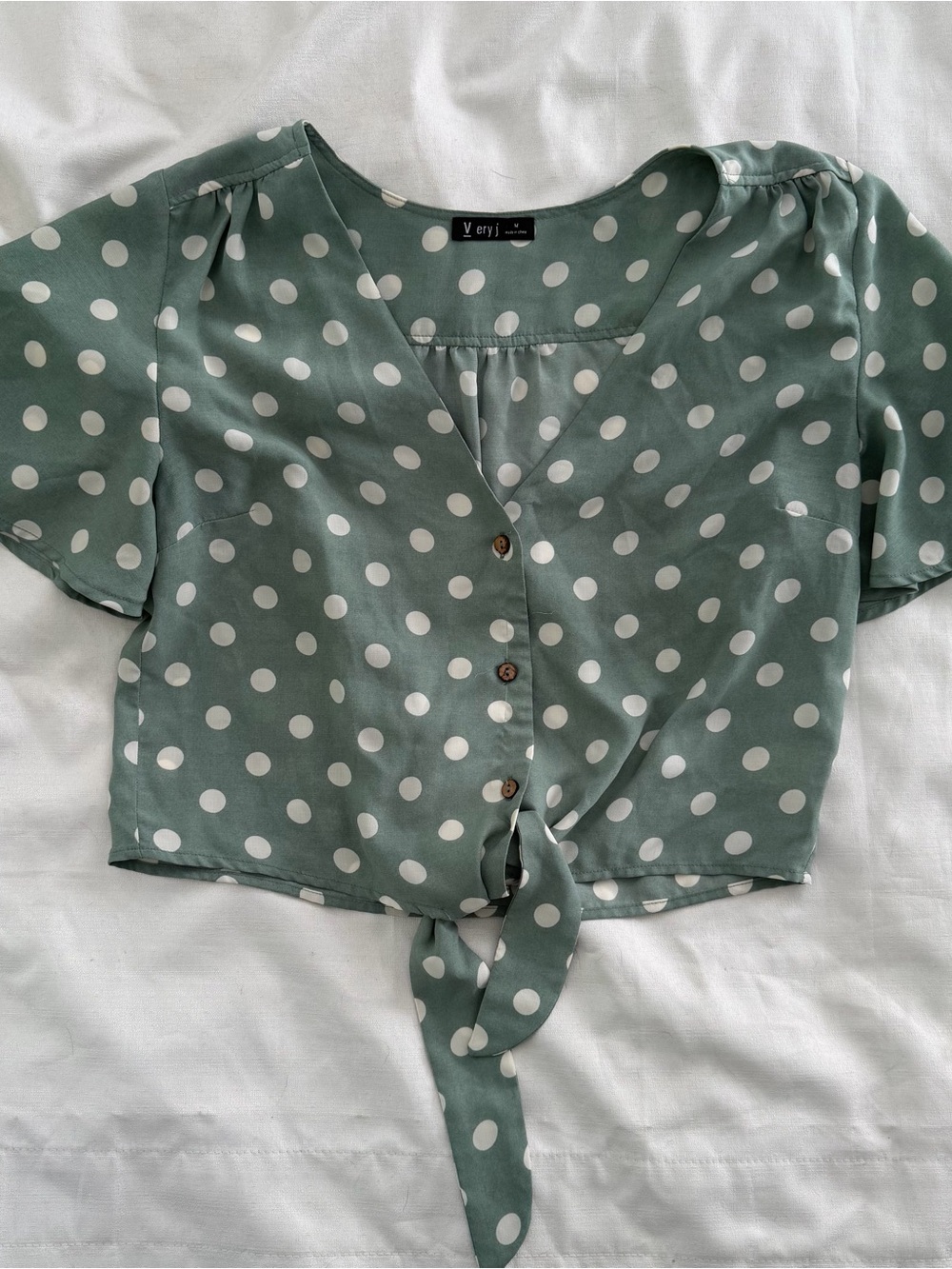 Polkadot button up tie front blouse size medium